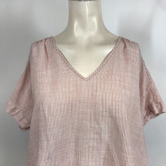 MADEWELL - WOMEN'S MEDIUM - RED & WHITE STRIPE SHORT SLEEVE V NECK COTTON TOP - Picture 2 of 8